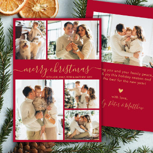 Elegant Red and Gold Script 5 Photo Christmas Holiday Card