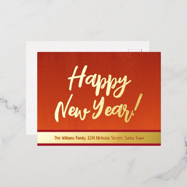 Elegant Red and Gold Script Happy New Year Foil Holiday Postcard (Front/Back)