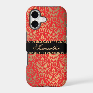 Elegant Red and Gold Shimmer Damask Custom Name