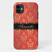 Elegant Red and Gold Shimmer Damask Custom Name