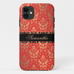 Elegant Red and Gold Shimmer Damask Custom Name iPhone 11 Case