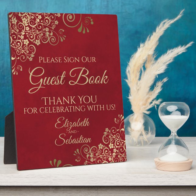 Elegant Red and Gold Sign Our Guest Book Wedding Plaque (Side)