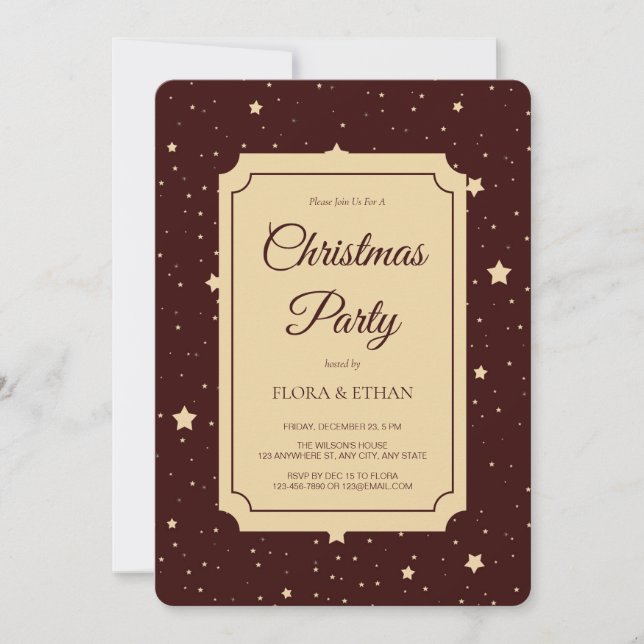 Elegant Red and Gold Starry Night Christmas  Invitation (Front)