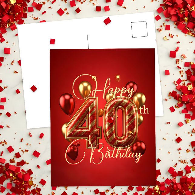 Elegant Red and Gold Striped 40th Birthday Postcard (Creator Uploaded)