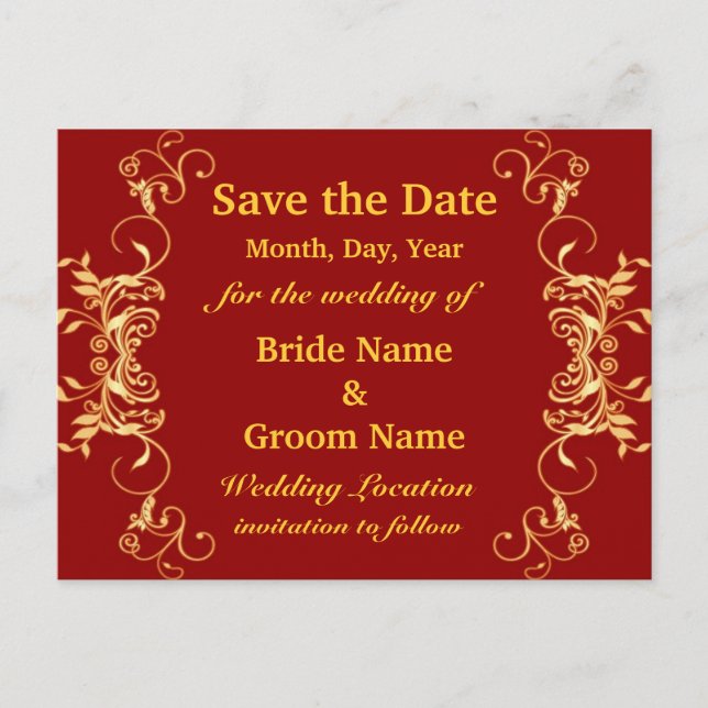 Elegant Red And Gold Swirls Save The Date Announcement Postcard (Front)