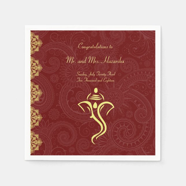 Elegant Red and Gold Vinayaka Wedding Napkins (Front)