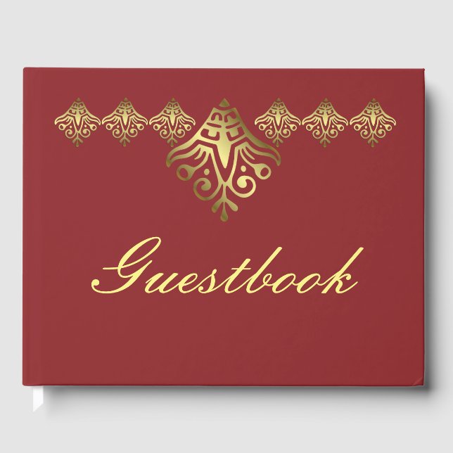 Elegant Red and Gold Wedding Guest Book (Front)