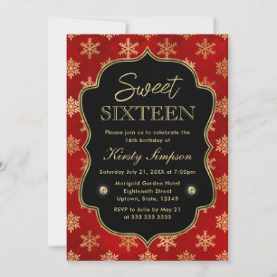 Elegant Red and Gold Winter Snowflakes Sweet 16 Invitation
