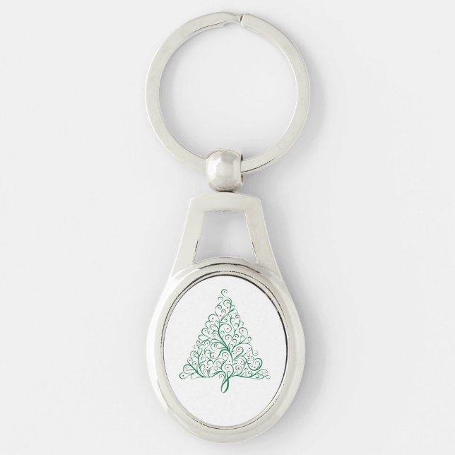 Elegant Red and Green Calligraphy Christmas Tree Key Ring (Front)