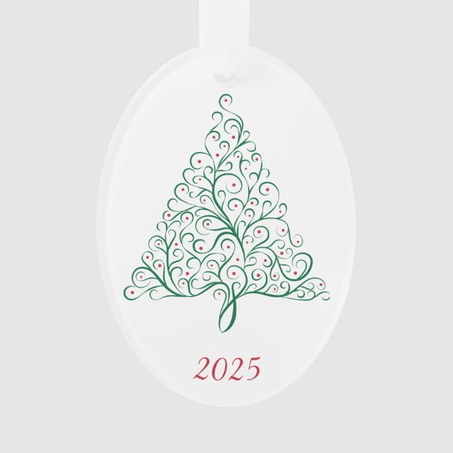 Elegant Red and Green Calligraphy Christmas Tree Ornament (Front)