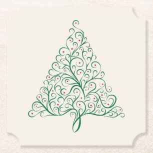 Elegant Red and Green Calligraphy Christmas Tree Paper Coaster