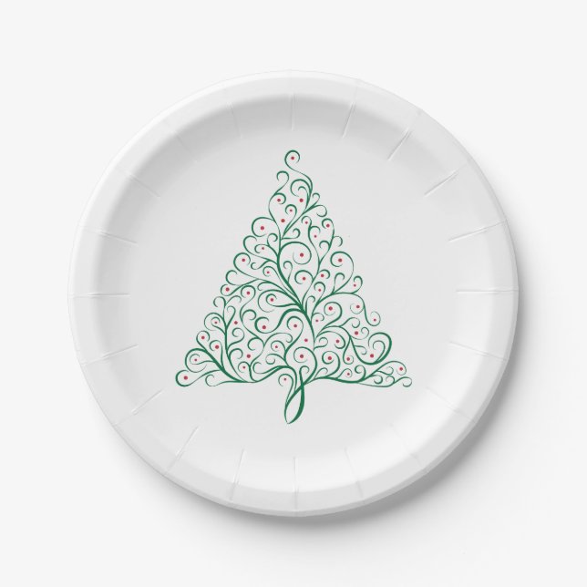 Elegant Red and Green Calligraphy Christmas Tree Paper Plate (Front)