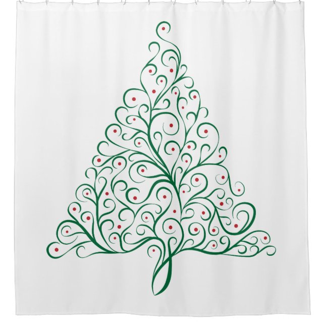 Elegant Red and Green Calligraphy Christmas Tree Shower Curtain (Front)