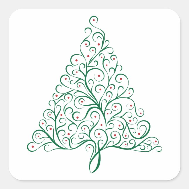 Elegant Red and Green Calligraphy Christmas Tree Square Sticker (Front)