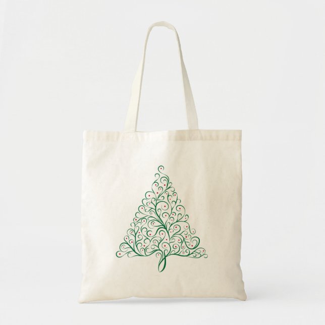Elegant Red and Green Calligraphy Christmas Tree Tote Bag (Front)