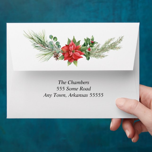 Elegant Red and Green Christmas Poinsettia  Envelope (Hand)