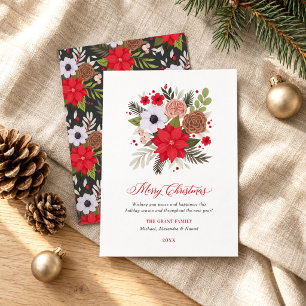 Elegant Red and Green Floral Christmas Greenery Holiday Card