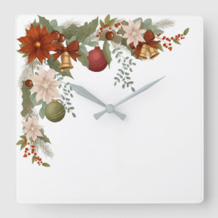 Elegant Red and green Floral Christmas Square Wall Clock