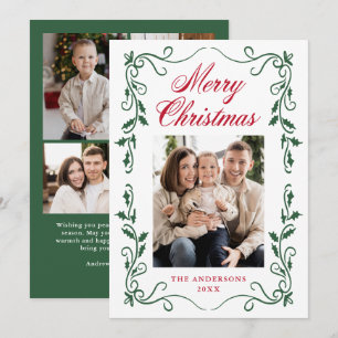 Elegant Red and Green Holly Christmas 5 Photo Holiday Card