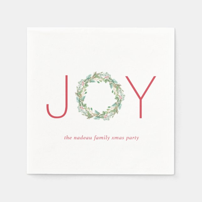 Elegant Red and Green Joy Wreath Christmas Party Napkin (Front)