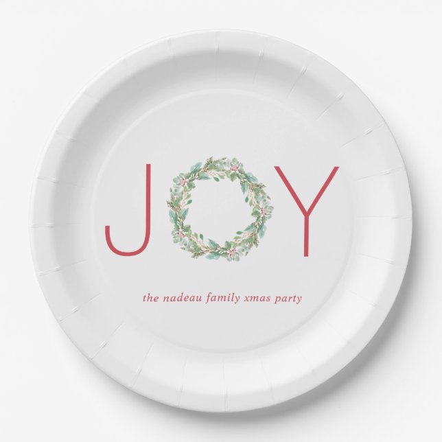 Elegant Red and Green Joy Wreath Christmas Party Paper Plate (Front)