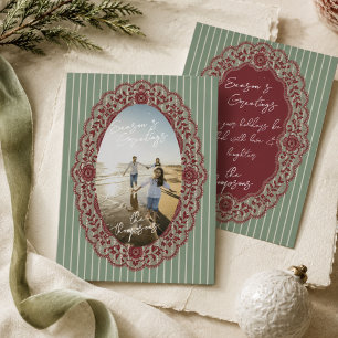 Elegant Red and Green Lace Oval Frame Photo Holiday Card