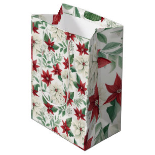 Elegant Red and Green Poinsettia Holiday Gift Bag