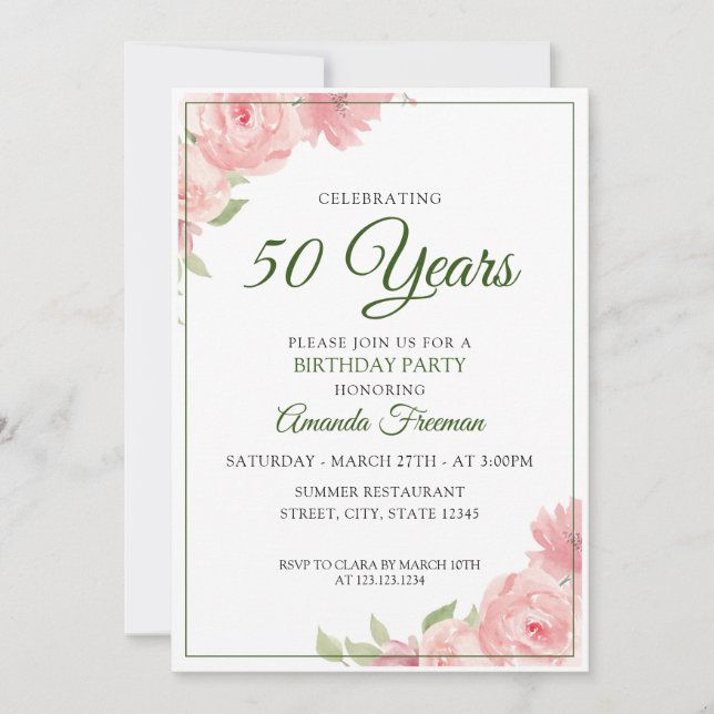 Elegant Red and Green Roses Mother Birthday Invitation (Front)