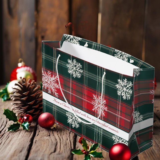 Elegant Red and Green Snowflakes plaid patterns Large Gift Bag (Elegant Red and Green Snowflakes plaid patterns Large Gift Bag)