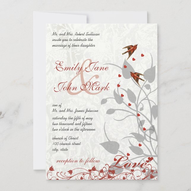 Elegant Red and Grey Hearts Lovebird Wedding Invitation (Front)