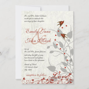 Elegant Red and Grey Hearts Lovebird Wedding Invitation