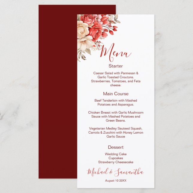 Elegant Red and Ivory Rose Wedding Menu (Front/Back)