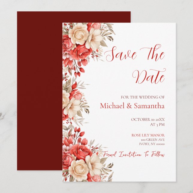 Elegant Red and Ivory Rose Wedding Save The Date (Front/Back)