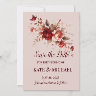 Elegant Red and Peach Blush Floral Wedding Save The Date