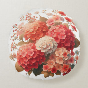 Elegant Red and Peach Hydrangea Round Cushion