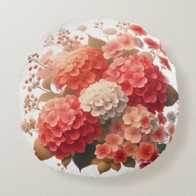Elegant Red and Peach Hydrangea Round Cushion (Front)