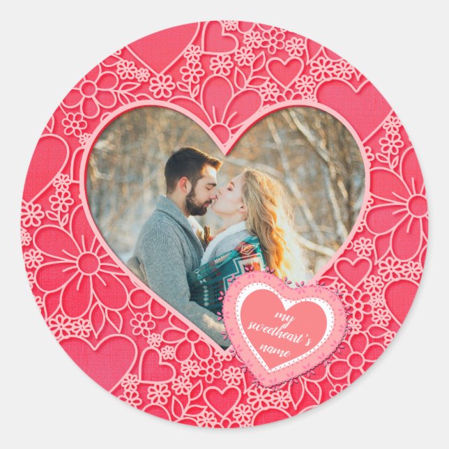 Elegant Red and Pink Floral Hearts Valentine's Day Classic Round Sticker (Front)