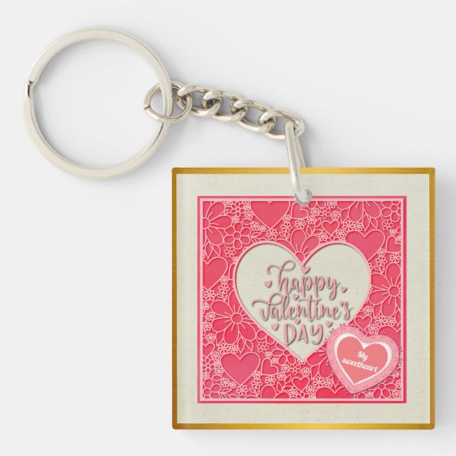 Elegant Red and Pink Floral Hearts Valentine's Day Key Ring (Front)
