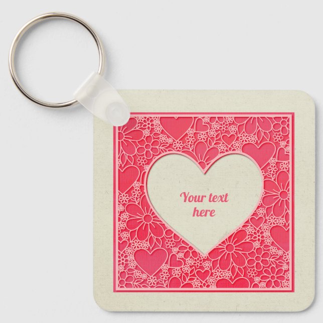 Elegant Red and Pink Floral Hearts Valentine's Day Key Ring (Front)