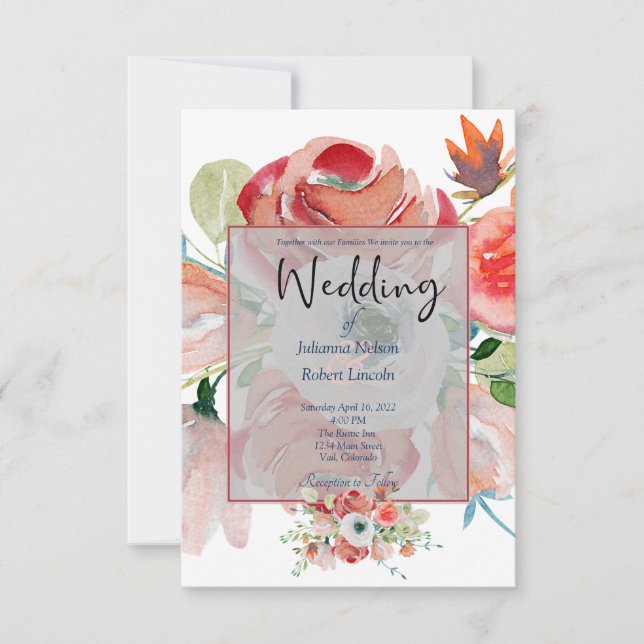Elegant red and pink floral wedding invitation (Front)