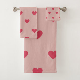 Elegant Red and Pink Heart Pattern Bath Towel Set