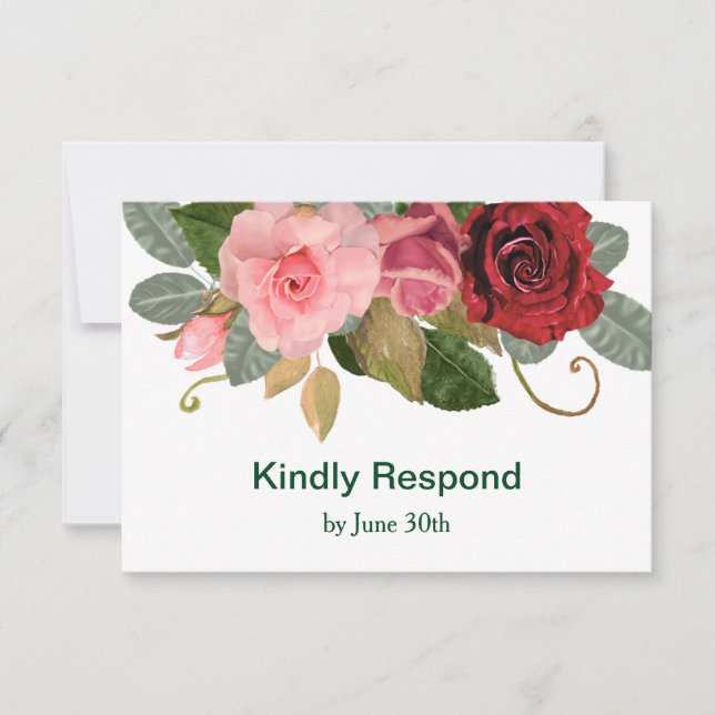 Elegant Red and Pink Rose Border Wedding RSVP Card (Front)