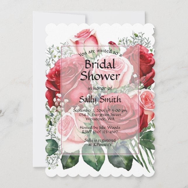 Elegant Red and Pink Roses Bridal Shower Invitation (Front)