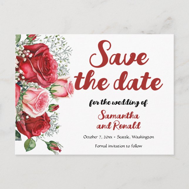 Elegant Red and Pink Roses Wedding  Announcement Postcard (Front)