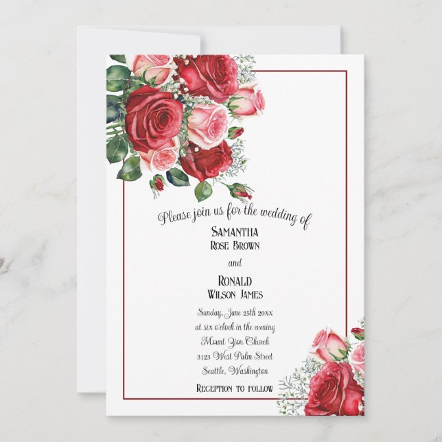 Elegant Red and Pink Roses Wedding Invitation (Front)