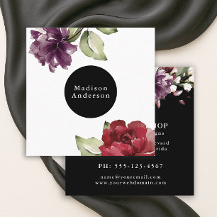 Elegant Red and Plum Watercolor Floral Square Business Card