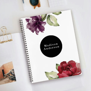 Elegant Red and Plum Watercolor Floral with Name Notebook