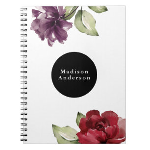 Elegant Red and Plum Watercolor Floral with Name Notebook