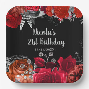 Elegant Red and Silver Flowers Birthday Party Paper Plate