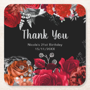 Elegant Red and Silver Flowers Birthday Party Square Paper Coaster